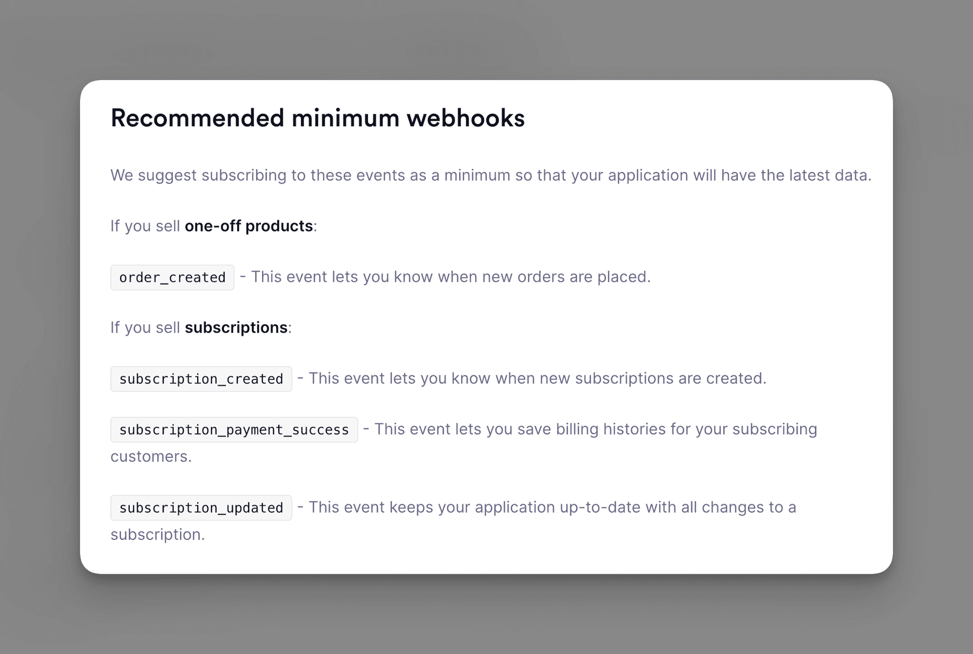 Recommended minimum webhooks for Lemon Squeezy