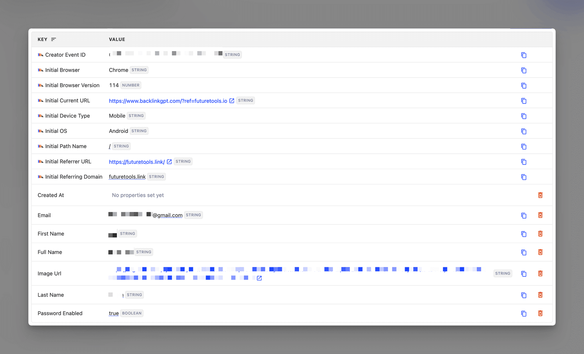 Example of Data Points that can be collected during sign up