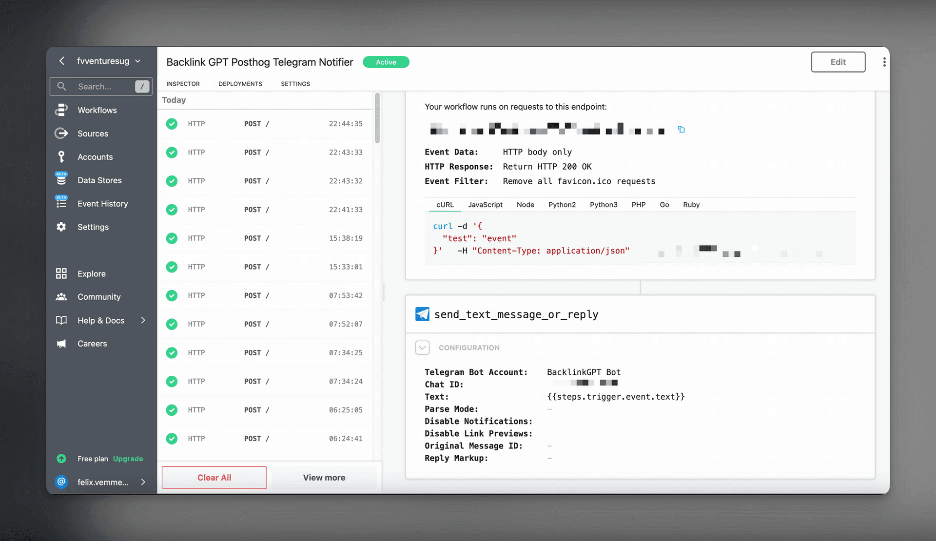 Example Workflow of connecting Pipedream to PostHog